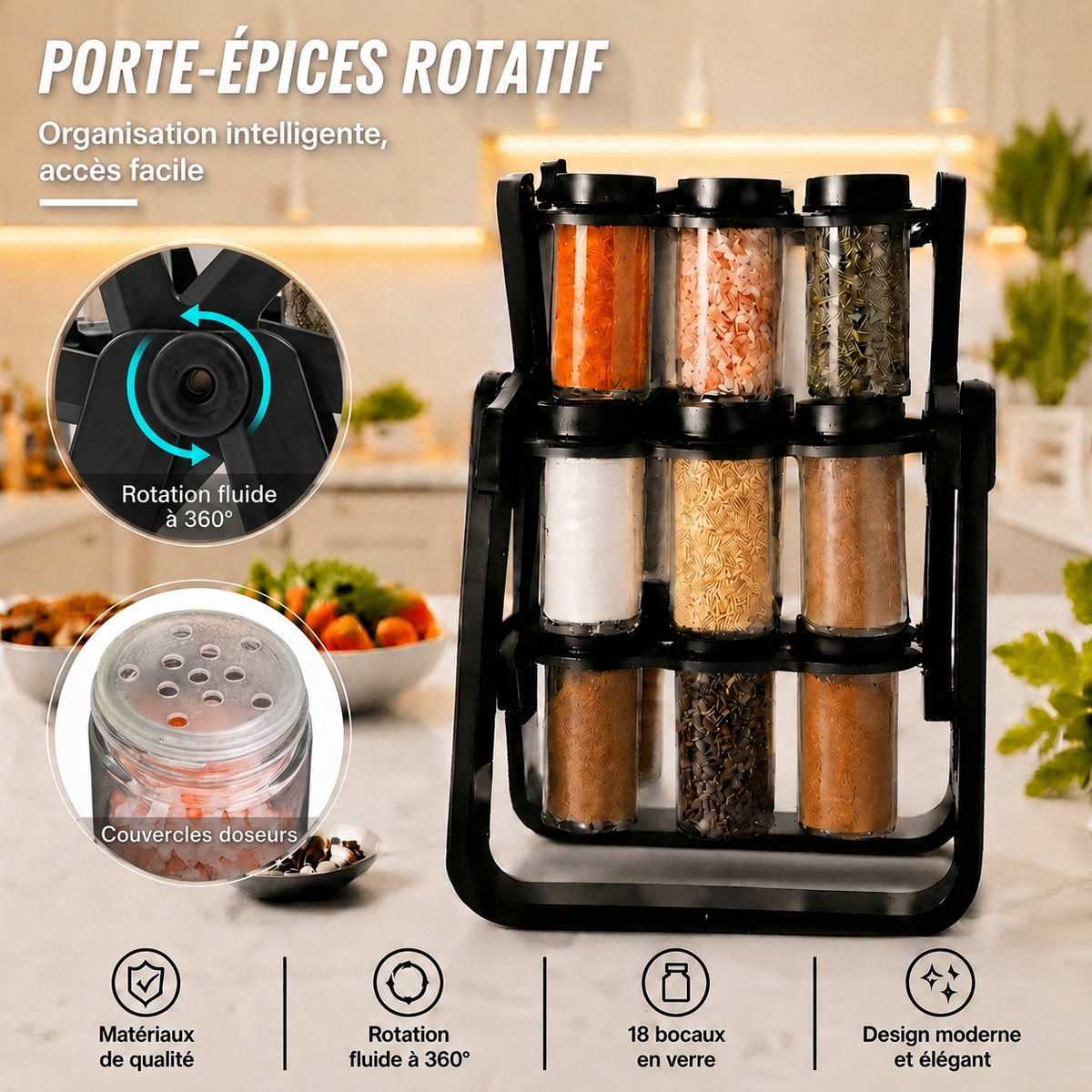Vue rapprochée des bocaux du porte-épices rotatif avec rotation fluide à 360° et couvercles doseurs