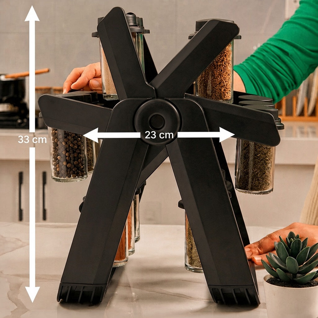 Dimensions du porte-épices rotatif : 33 cm de hauteur, 23 cm de largeur
