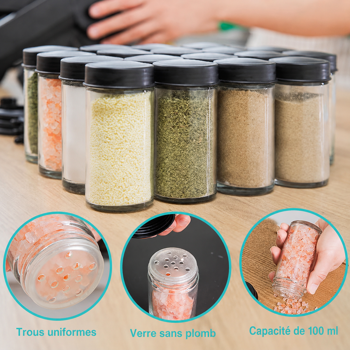 Bocaux en verre sans plomb avec couvercles à trous uniformes, capacité 100 ml